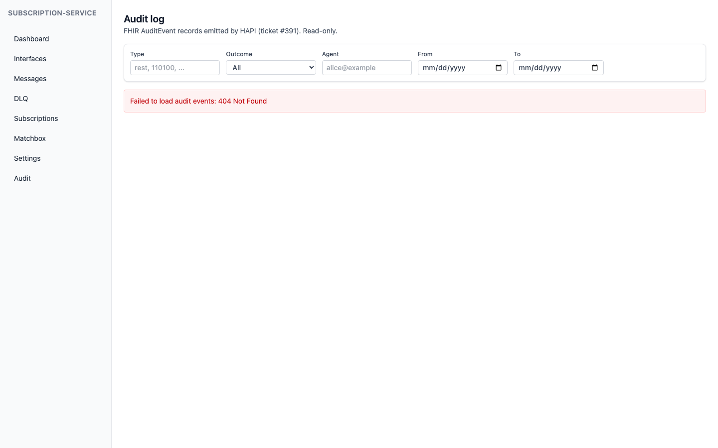 subscription-service admin UI — Audit