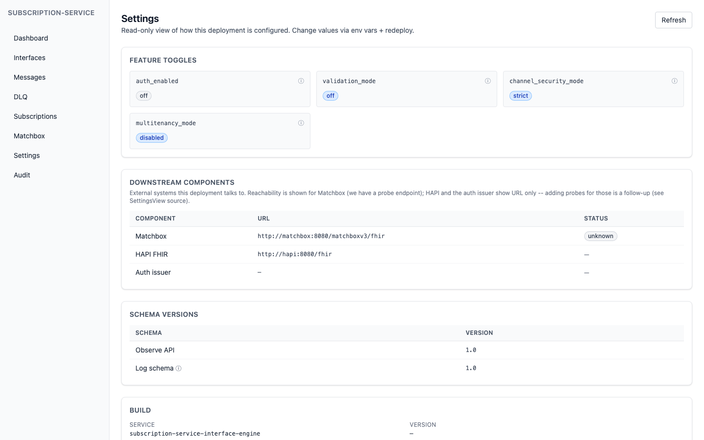 subscription-service admin UI — Settings