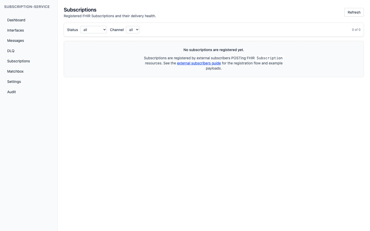 subscription-service admin UI — Subscriptions