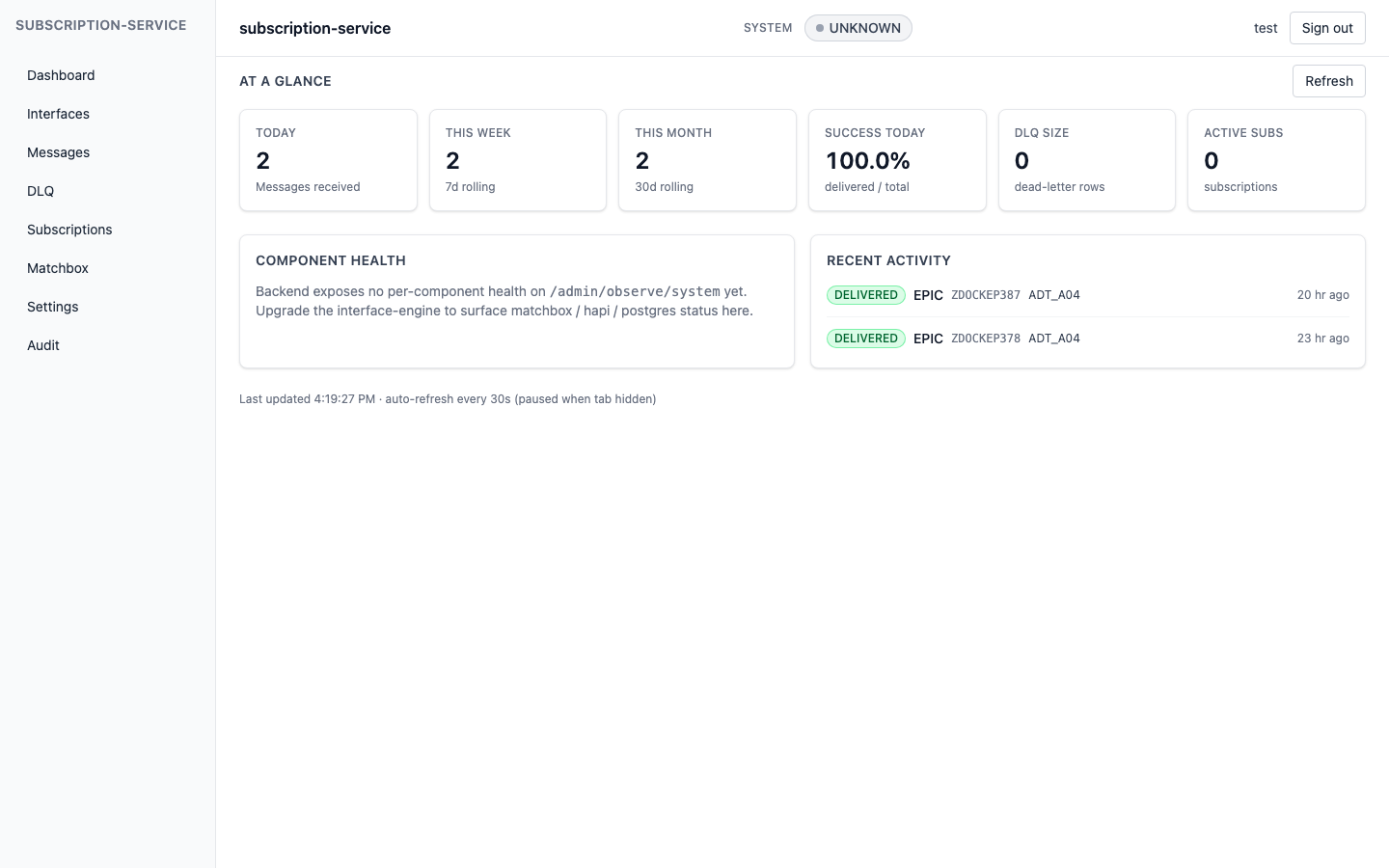 subscription-service operator UI — Dashboard, with throughput tiles, component health, and recent activity from the live demo